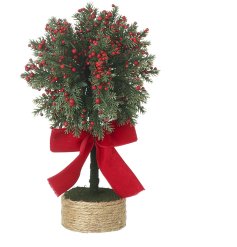 Bring holiday cheer with this beautiful tree adorned with bright berries and a timeless red bow.