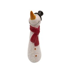 Whimsical ceramic snowman with a tall, slender silhouette, ideal for holiday decorating