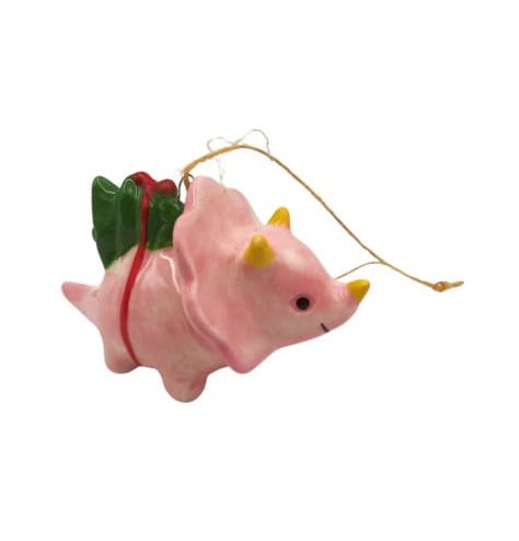 Adorable pink dinosaur with a jute-tied present, ideal for festive tree styling