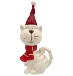 Charming red and white ceramic cat ideal for seasonal festive displays