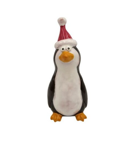 Endearing black, white and red penguin figure topped with a joyful Santa hat
