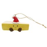 Cheerful brie-themed ceramic tree hanger with a smiley face and festive Santa hat