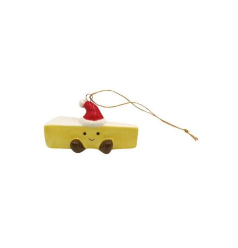 Playful brie-themed ceramic Christmas tree charm with a happy face and Santa hat