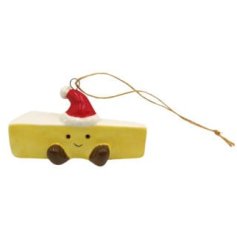 Cheerful brie-themed ceramic tree hanger with a smiley face and festive Santa hat