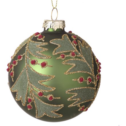 Glass Bauble with Holly Leaf Design, 8cm 