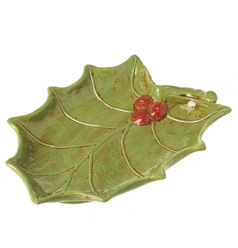 Add festive charm to your hallway with this green and red glazed holly dish plate.