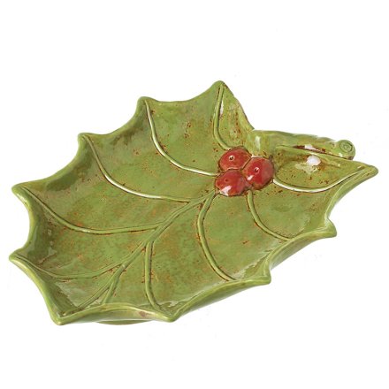 Glazed Holly Leaf Shaped Plate, 24cm