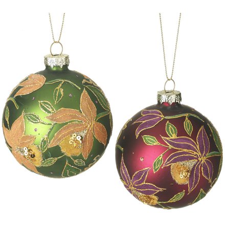 8cm Red & Green Bauble with Flower Design, 2/a