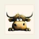 Charming Boris the Highland Cow in soft white tones, expertly mounted on premium card. 