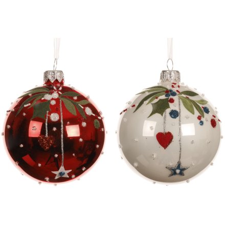 2/A Glass Christmas Branch Shiny Bauble, 8cm 