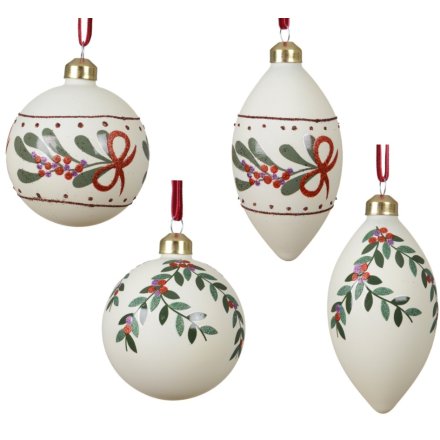 Add a stylish, natural charm to your Christmas with this elegant set of botanical glass baubles.