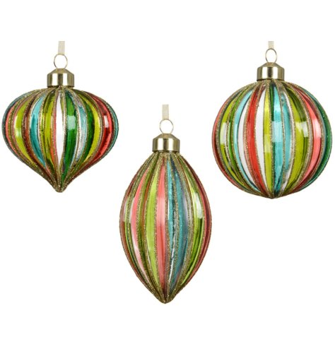 Bring vibrant color and retro charm to festive displays with this striking set of ribbed decorations.