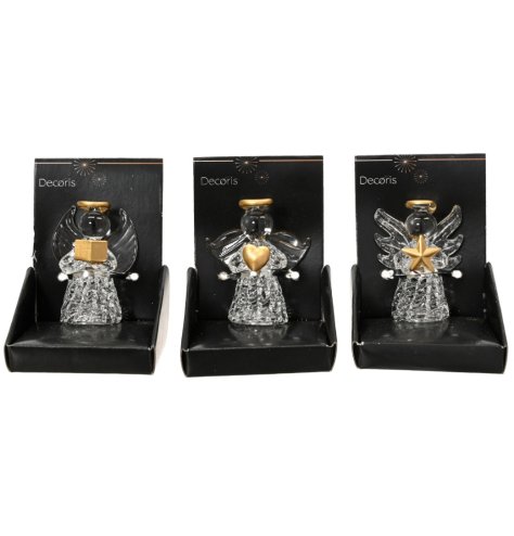 Elegant Angel Glass Shelf Sitter with clear design and gold details.