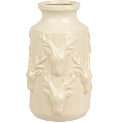 Elegant porcelain cylinder vase featuring a distinctive reaction glaze and a graceful deer design.