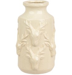 Elegant porcelain cylinder vase featuring a distinctive reaction glaze and graceful deer design.