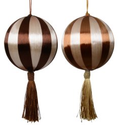 A delightful glossy foam bauble with elegant stripes.