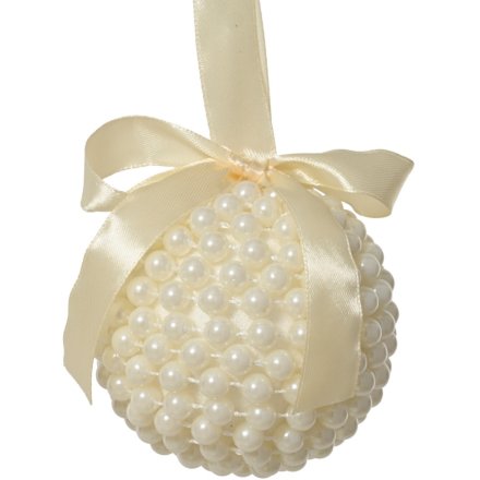 Elegant cream bow hanging ornament for festive decor.