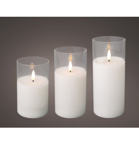 Set a warm, stylish mood with the LED Wick Candle in a sleek glass cylinder.