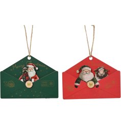Capture the magic of Christmas with this charming set of wooden envelope hanging decorations