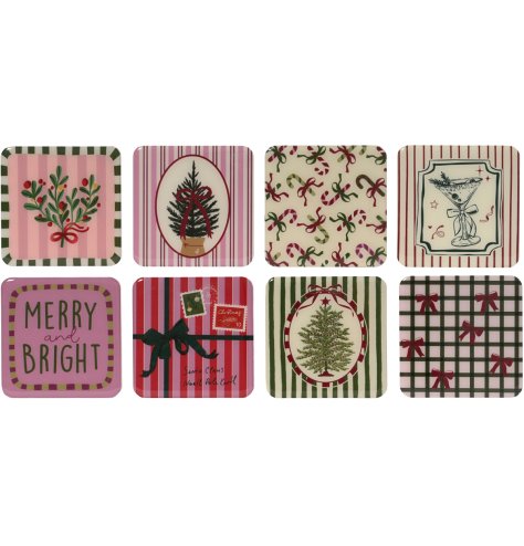 Elevate holiday vibes with our festive set of 8 coasters