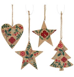 Add a fresh, natural touch to festive decor with this charming mix of printed MDF hanging ornaments.