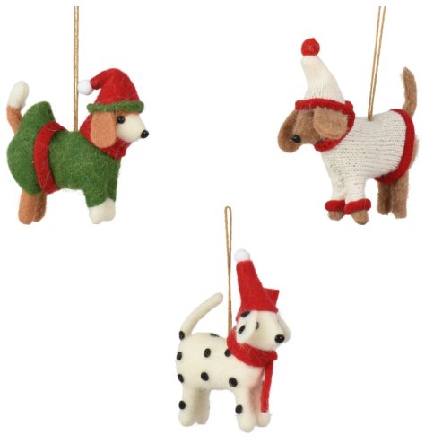 Bring a charming and festive spirit to your seasonal selection with this set of 3 assorted felt dog ornaments.