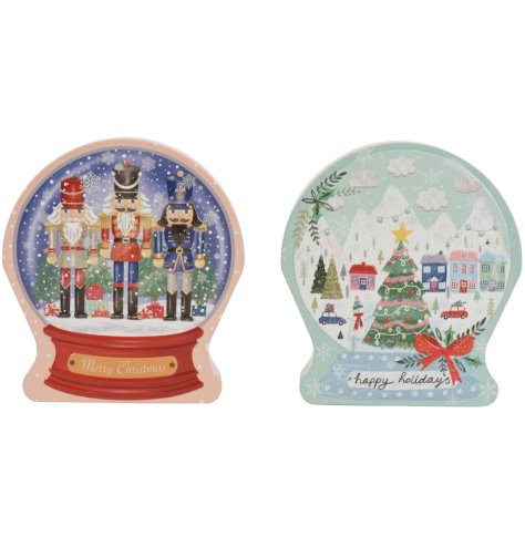 Bring festive charm to your seasonal collection with these delightful snow globe-shaped tins.