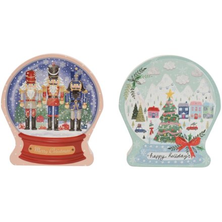 Bring festive charm to your seasonal collection with these delightful snow globe-shaped tins.