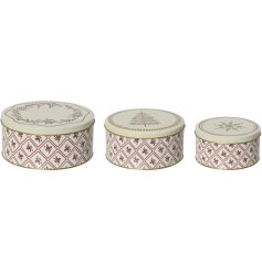 Elevate gifting and storage with this stylish set of three charming vintage Christmas tins.