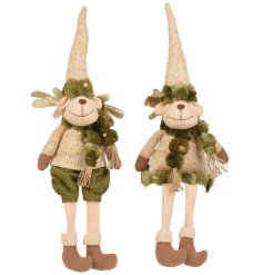 A charming pair of festive deer decorations designed with long dangling legs,