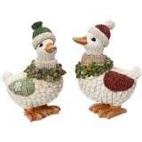 A delightful pair of festive goose decorations dressed in cosy winter hats and scarves