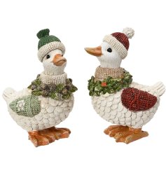 A delightful pair of festive goose decorations dressed in cosy winter hats and scarves