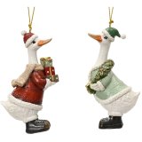 A charming pair of festive goose hanging decorations dressed in cosy winter outfits.