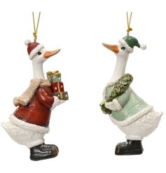 A charming pair of festive goose hanging decorations dressed in cosy winter outfits.