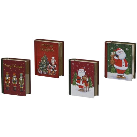 Add a nostalgic touch to Christmas décor with these charming festive tin book decorations.