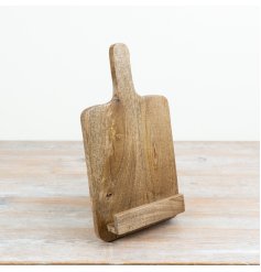 Wooden recipe book stand designed to hold cookbooks