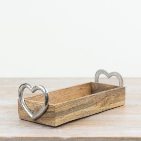 Stylish metal and wood tray featuring a lovely silver heart-shaped handle.