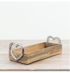 Elegant metal and wood tray with a charming silver heart handle