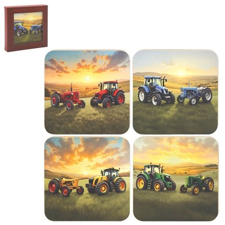S/4 Rustic Tractor Coasters, 11cm 