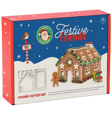 Craft holiday joy with the Festive Friends 10-Piece Christmas Gingerbread House Cookie Cutter Set.