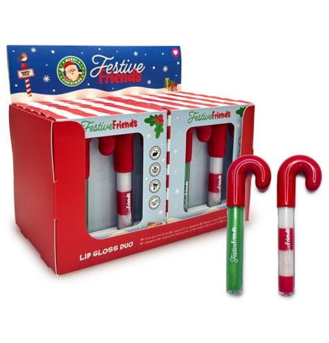 Set of 2 candy cane lip glosses from the Festive Friends collection for a sweet holiday look.