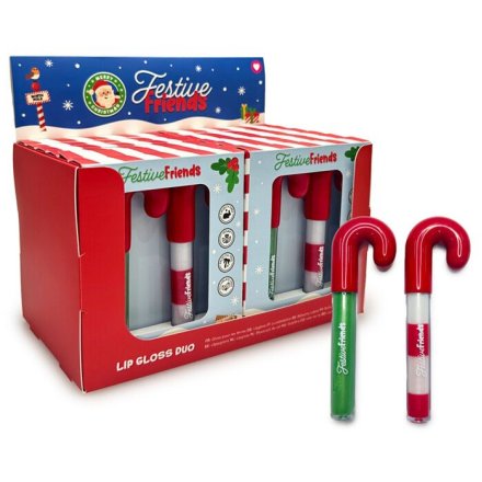 A charming duo of 2 candy cane shaped lip glosses by the festive friends range.