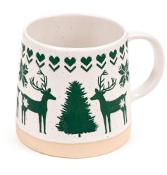Sip your favorite hot drink in style with the Green Reindeer Tapered Stoneware Mug