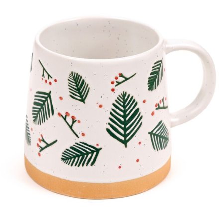 Enjoy your favorite brew in this charming Pine Sprigs & Berries stoneware mug