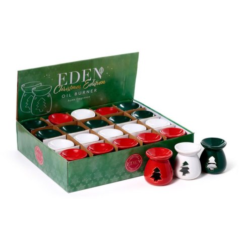 3 assorted Christmas oil burners with tree cutouts, featuring traditional Christmas colours.