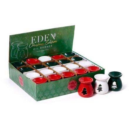 3 assorted Christmas oil burners with tree cutouts, featuring traditional Christmas colours.