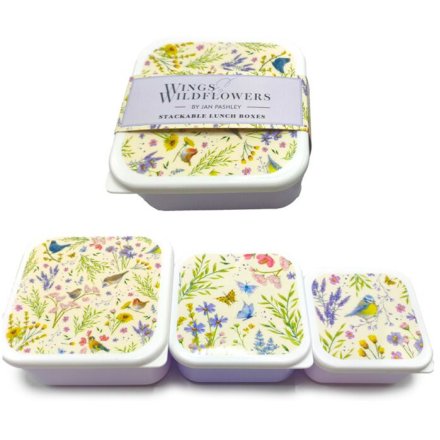 Jan Pashley Wings & Wildflowers Set of 3 Stackable Lunch Boxes