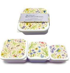 A practical and beautifully illustrated set of three stackable lunch boxes