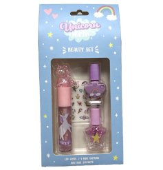 Children’s unicorn-themed beauty set containing lip gloss, two nail varnishes and nail stickers