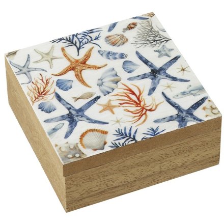 Starfish Print Wooden Trinket Box, 12cm 